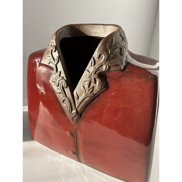 •HBH• Hawaiian Style Glossy Dark Red Shirt Jacket Rough Brown CollarCeramic VASE - Picture 12 of 15